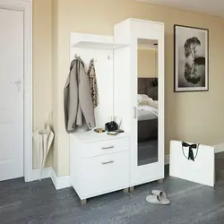 Wardrobe in the hallway with a mirror and a shoe rack, a hanger and a seat photo