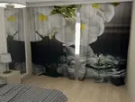 Photo curtains in the bedroom interior