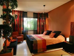 Terracotta curtains in the bedroom interior