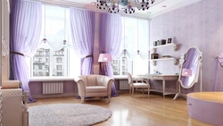 Lavender curtains in the bedroom interior