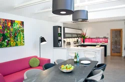 Black sofa in the kitchen interior