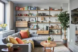 Open shelving in the living room interior