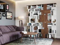 Open shelving in the living room interior