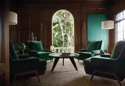 Green armchairs in the living room interior