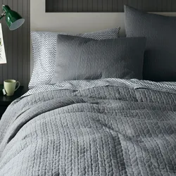 Gray bedspread in the bedroom interior