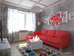 Коралловый диван в интерьере гостиной