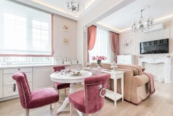 Pink sofa in the kitchen interior
