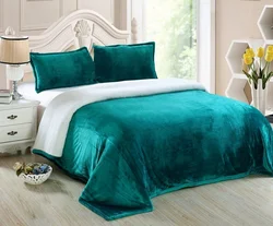 Turquoise bedspread in the bedroom interior