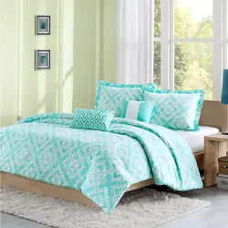 Turquoise bedspread in the bedroom interior