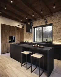 Black kitchen in loft interior