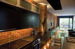 Black bricks in the kitchen interior