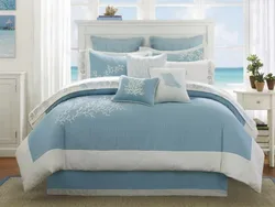 Bedroom interior with blue bedspread