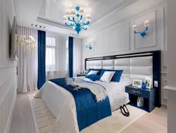 Bedroom interior with blue bedspread