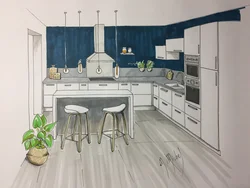 Kitchen interior drawing in color