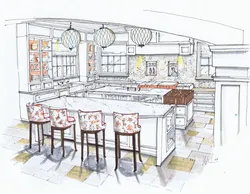 Kitchen interior drawing in color
