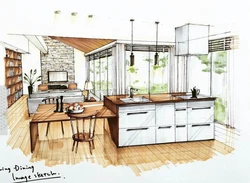 Kitchen interior drawing in color