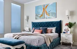 Blue bedspread in the bedroom interior