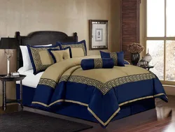 Blue bedspread in the bedroom interior