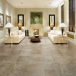 Beige porcelain tiles in the living room interior