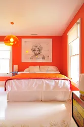 Orange bed in the bedroom interior