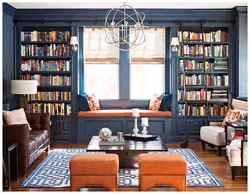 Blue cabinets in the living room interior