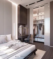 Narrow wardrobe in the bedroom interior