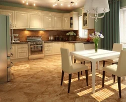 Beige porcelain tiles in the kitchen interior