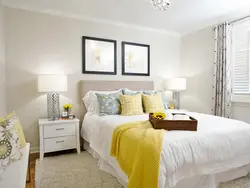 Bright bed in the bedroom interior