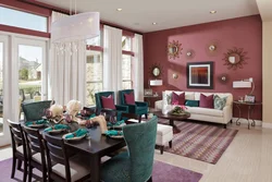 Burgundy sofa in the kitchen interior