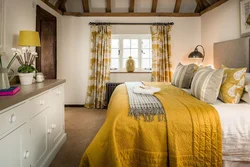 Mustard bed in the bedroom interior