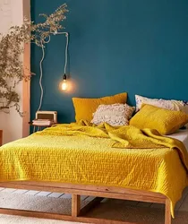 Mustard bed in the bedroom interior