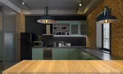 Green loft kitchen in the interior