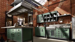 Ichki qismdagi yashil loft oshxonasi