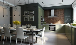Green loft kitchen in the interior