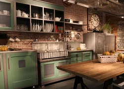 Green loft kitchen in the interior