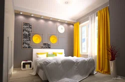 Mustard curtains in the bedroom interior