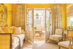 Mustard curtains in the bedroom interior