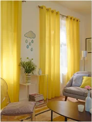 Mustard curtains in the bedroom interior