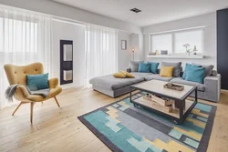 Blue carpet in the living room interior