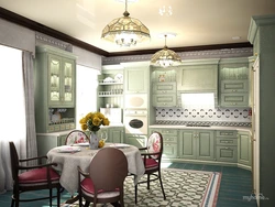 Green kitchen in neoclassical interior