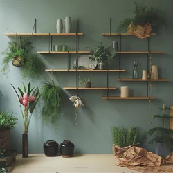 Shelf with flowers in the living room interior