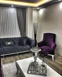 Velvet gray curtains in the living room interior
