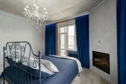 Gray-Blue Curtains In The Bedroom Interior