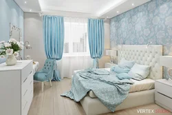 Gray-blue curtains in the bedroom interior