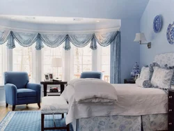 Gray-Blue Curtains In The Bedroom Interior