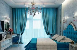 Gray-blue curtains in the bedroom interior