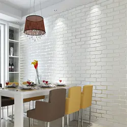 White brick wallpaper in the kitchen interior