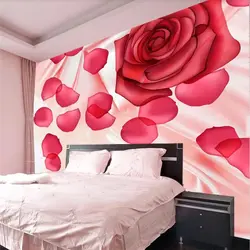 Bedroom interior with roses on wallpaper