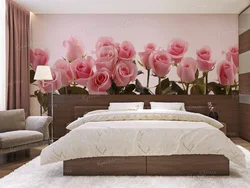 Bedroom interior with roses on wallpaper