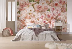 Bedroom interior with roses on wallpaper